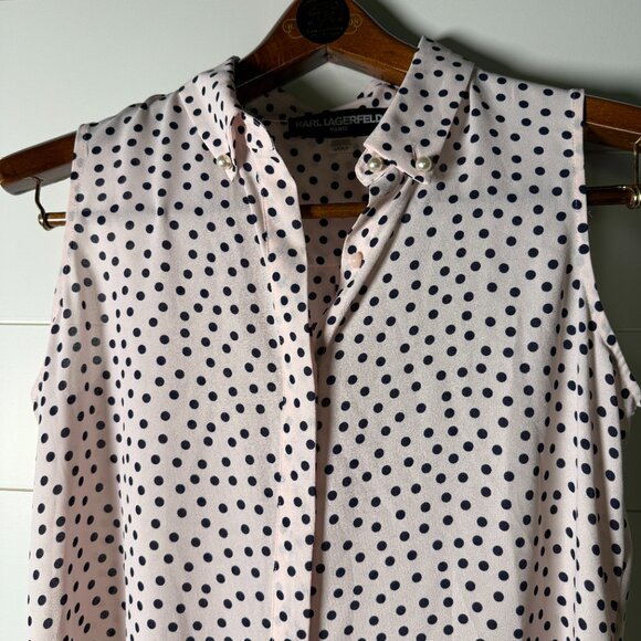 KARL LAGERFELD PARIS Sleeveless Pink & Black Polka Dot Top Sz Small - Picture 7 of 10